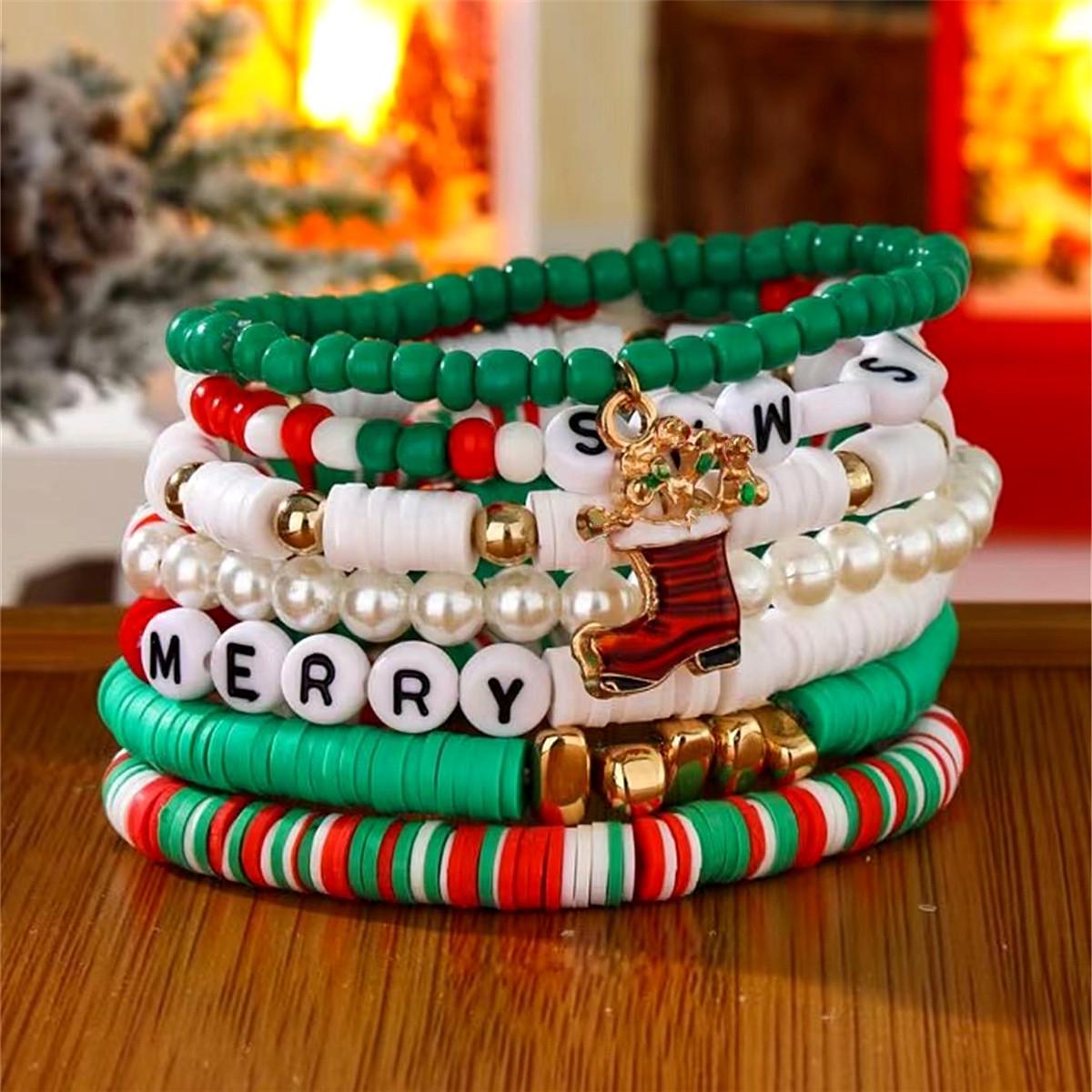 

European & American Christmas Red Boots Pendant Bracelet Set: Women s Fashion, 7-Piece Mixed Color Polymer Clay.