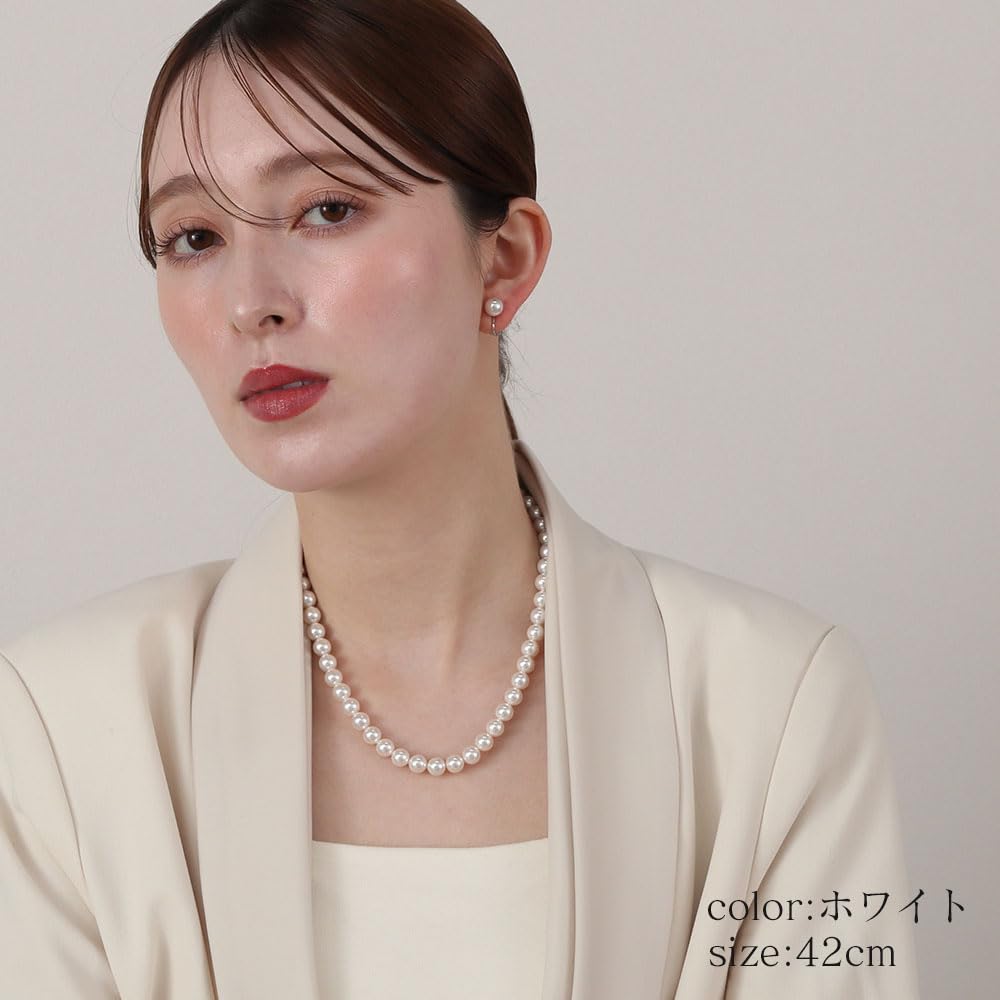 [VOTRE COUTURE] Pearl Necklace and Earrings, 8mm, Made in Japan, Suitable for Formal Occasions, 10-Year Brand Warranty, White x Silver, Brass