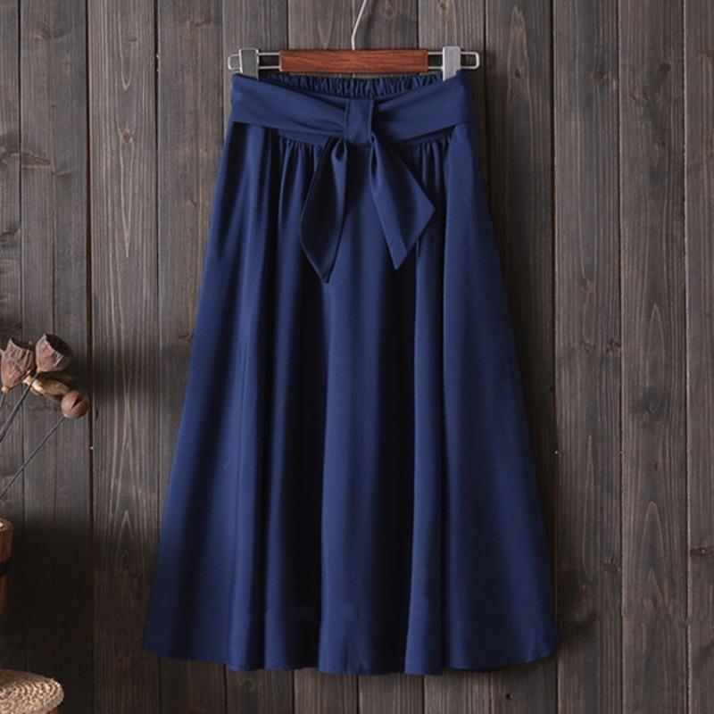 Lady's Elegant High Elastic Waist Pleated Skirts  Casual Bow Mid-calf Skirts