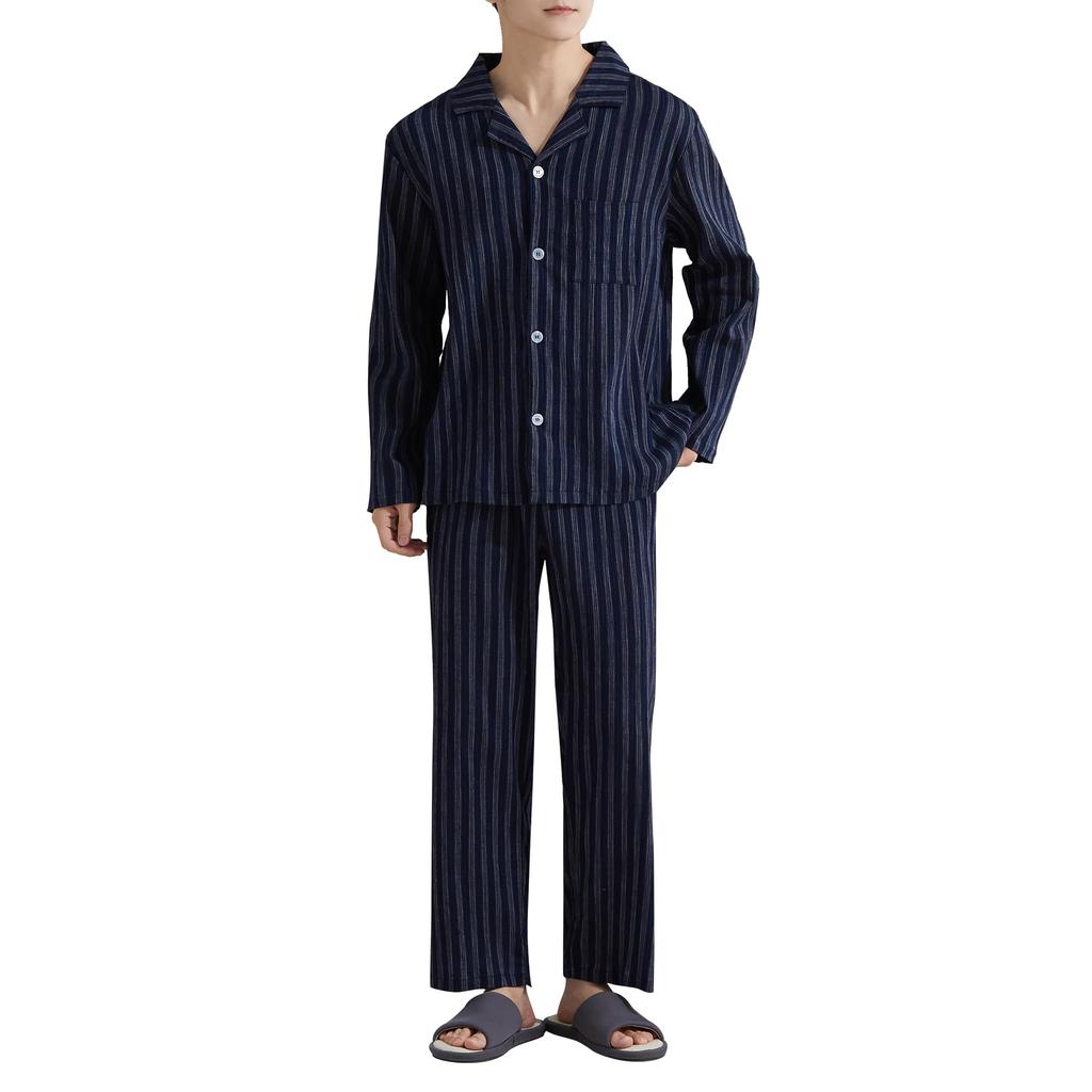 Pajamas for Top and Bottom Long Front Jinbei With Sweat Quick Gentle On the Loose For XL Size [Vulcanodon] Men, Loungewear, Set, Comfortable, 100%