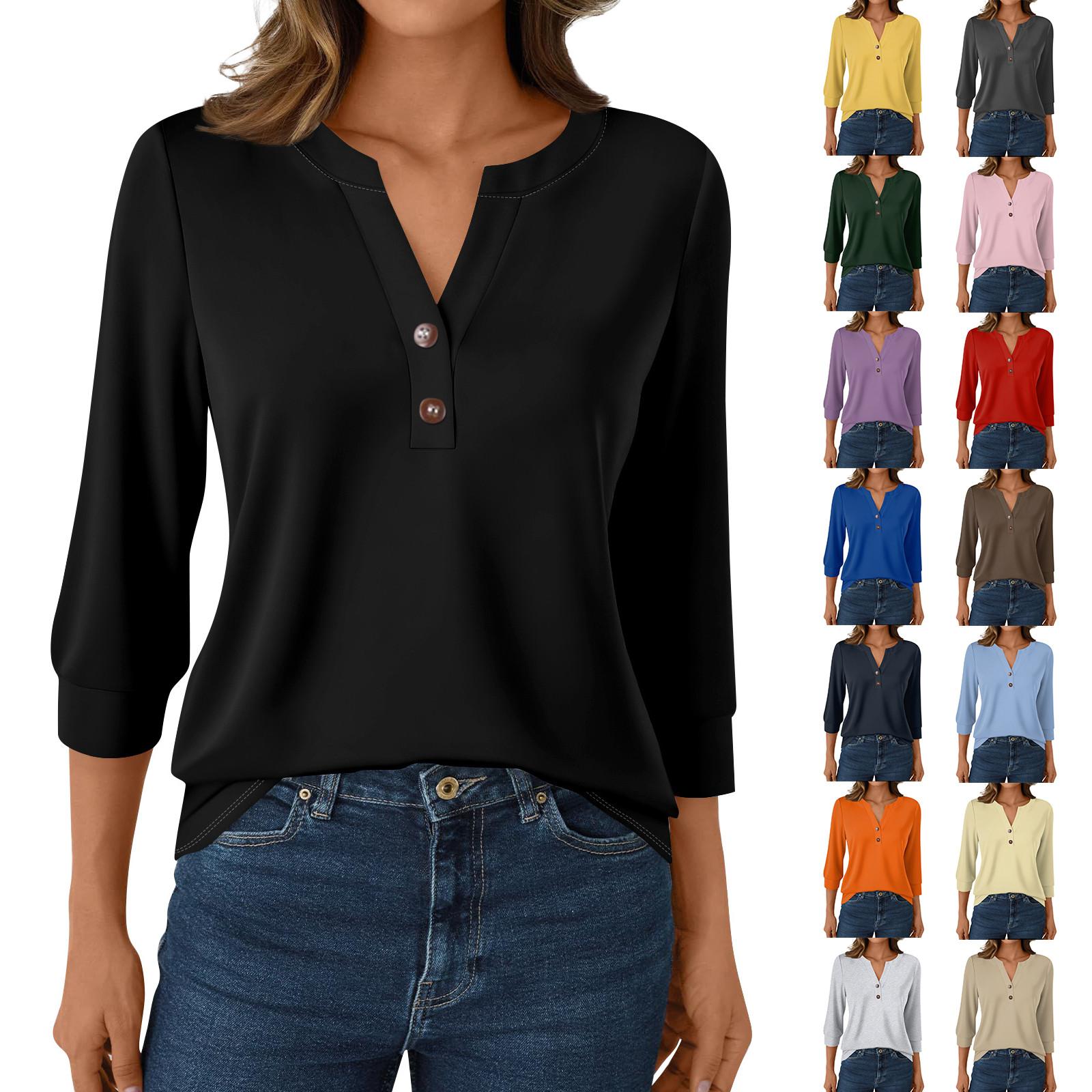 

Women s Fashion Casual 3/4 Sleeve T-Shirt V-Neck Button Top L хакі