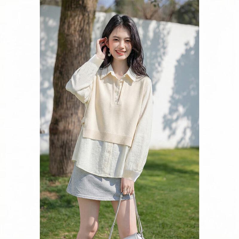 Moka Na Women s Faux Two-Piece Knit Long-Sleeve Sweater One Size