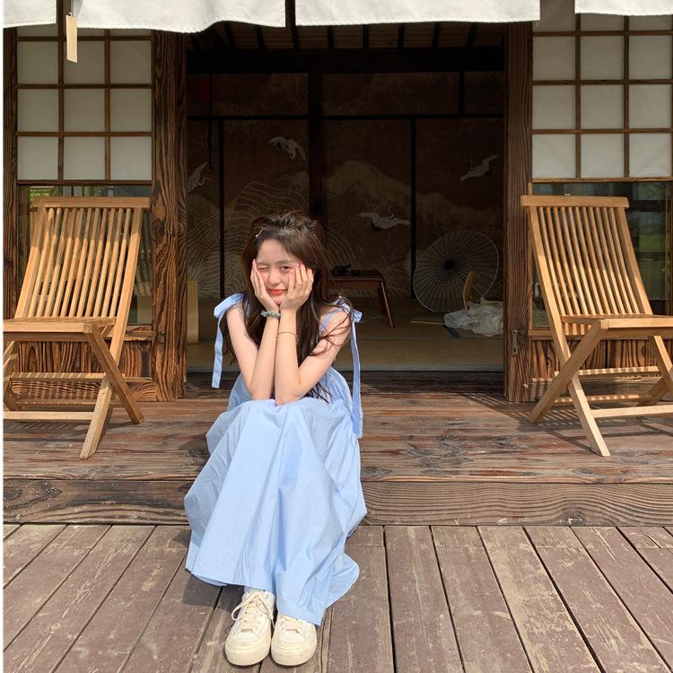 French design sense summer new Korean version of gentle wind bow super fairy suspender dress female Mori female medium and long dress
