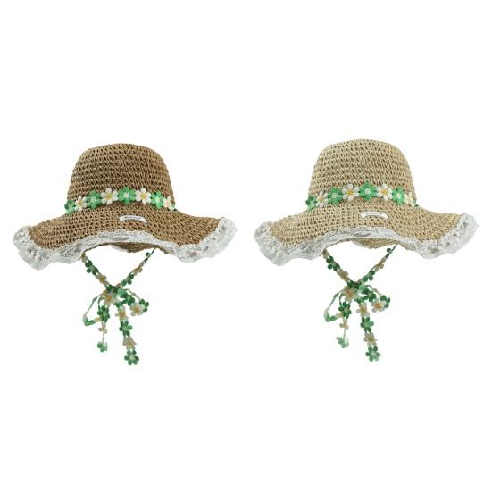 Straw Hat Wide Brim Embroidery Lace Splicing Beach Hat Embroidered Floral Adjustable Chin Strap Summer Sun Protection Hat