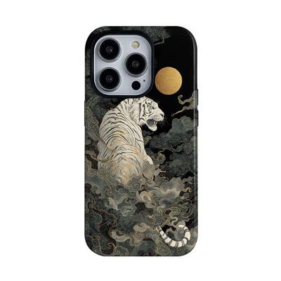 Chinese Style White Tiger Retro Ink Art Moon & Clouds Phone Case for iPhone 17 16 15 14 11 12 13 Pro Max Air Plus Back Cover