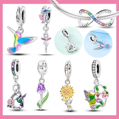 Real Copper Colorful Hummingbird Flowers Charms Spring Series Beads Fit Original Bracelets Diy Jewelry For Women