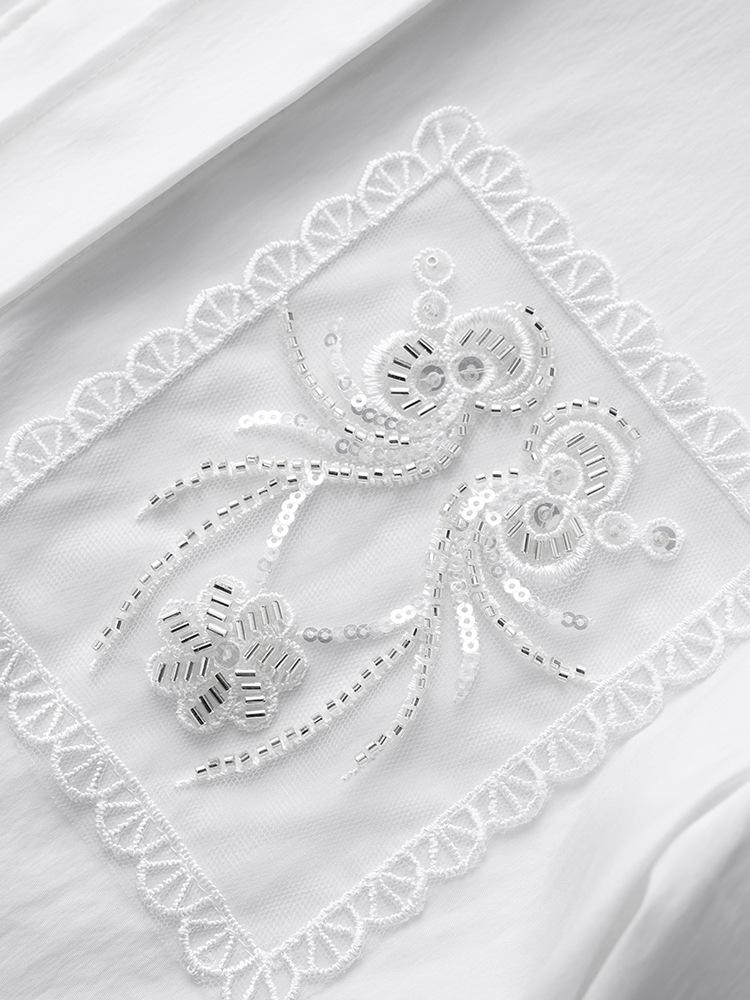 Simple Elegant Tencel Cotton Beaded Sequin Embroidered Loose Long Sleeve Women's Spring Shirt