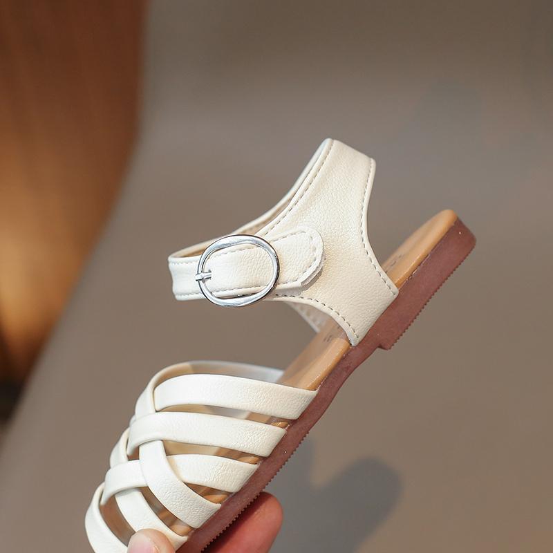 Girls' Sandals 2024 Summer New Children's Buckle Open Toe Beach Shoes Soft Bottom Woven Little Girl Princess Shoes
