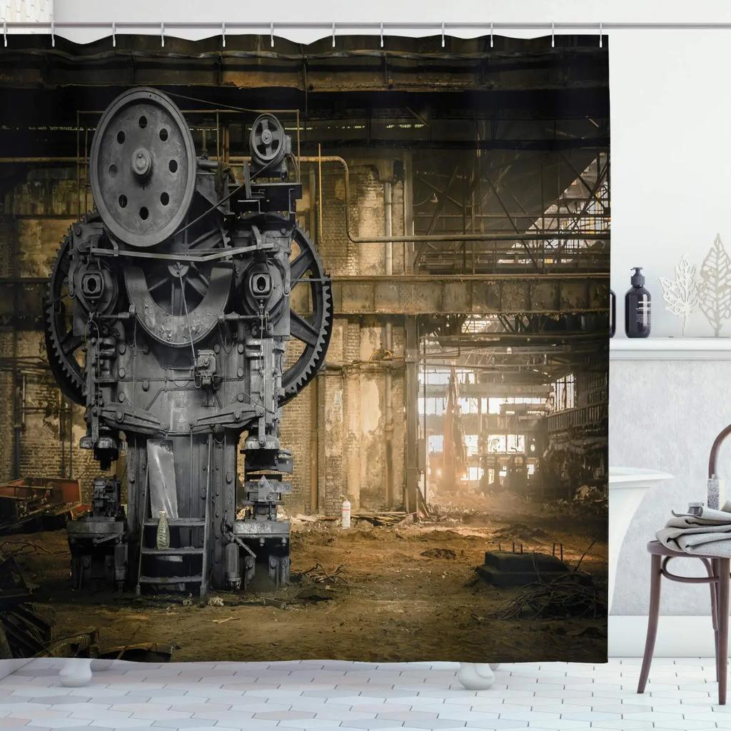 Průmyslový sprchový závěs, Steampunkový styl Antická mosazná kulatá upevňovací spona, Látkový koupelnový dekorační set s háčky