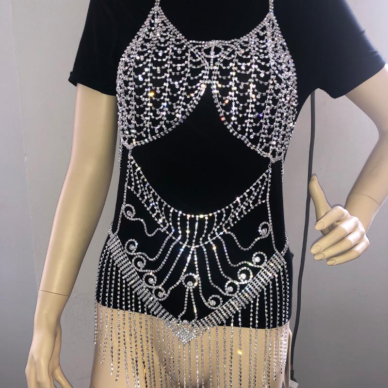 Leqoel Bling Rhinestone Body Jewelry Bling Big Luxury Women Bra Dress Sexy Underwear Body Chain Jewelry