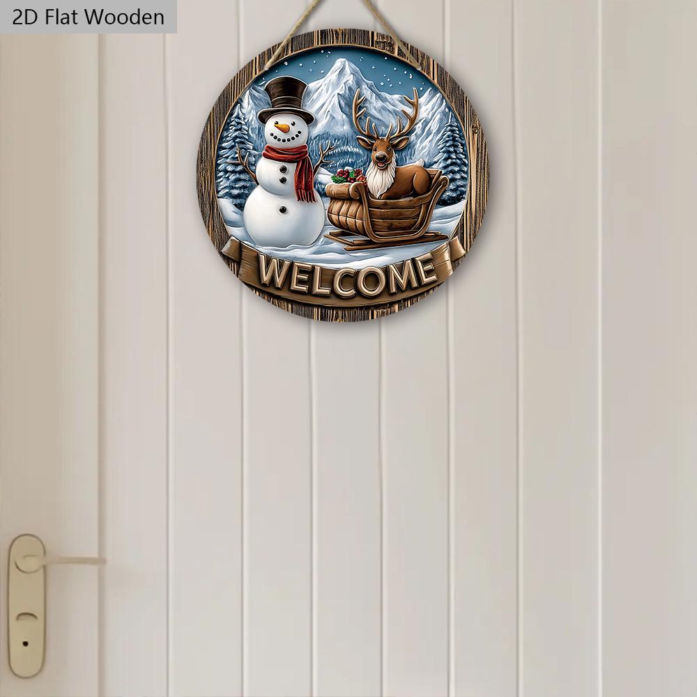 Christmas Wooden Welcome Sign with Snowman & Elk Pattern - Navidad Round Sign for Front Door, Wall Hanging Decor - Ideal Christmas Ornament