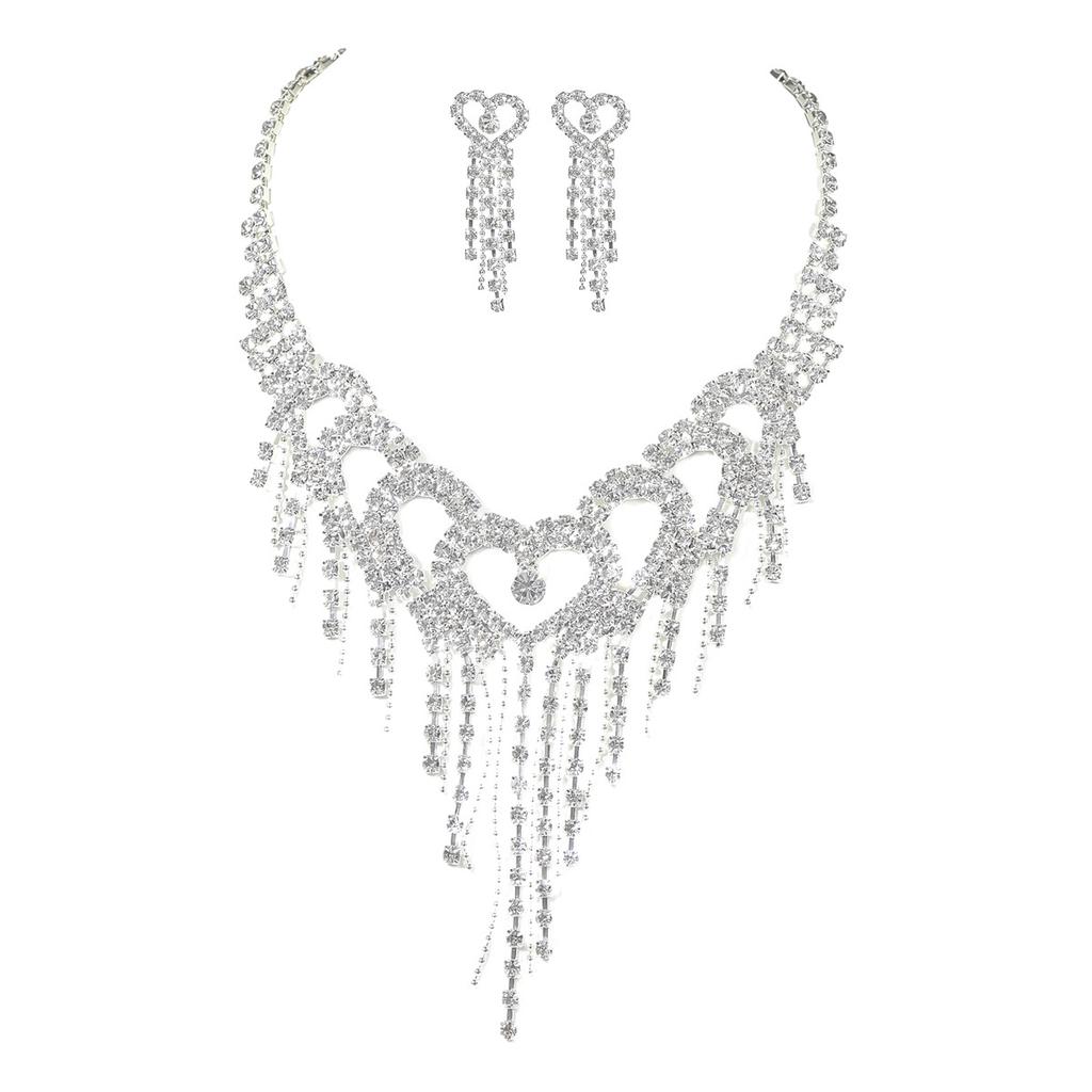 Shiny Rhinestone Necklace Earrings Two-piece Set Love Tassel Necklace Ear Jewelry