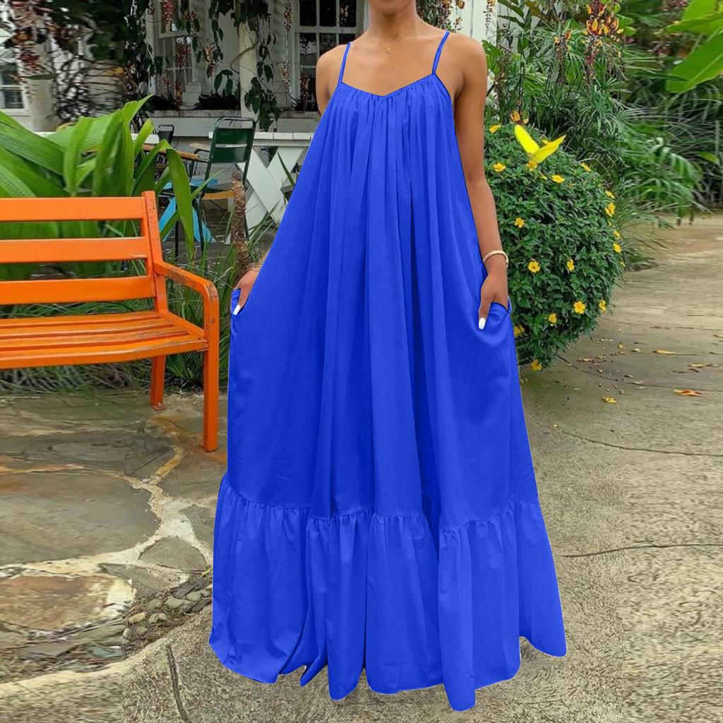 Women Fashion Casual Solid Strap Dress Pocket Loose Backless Big Swing Dress