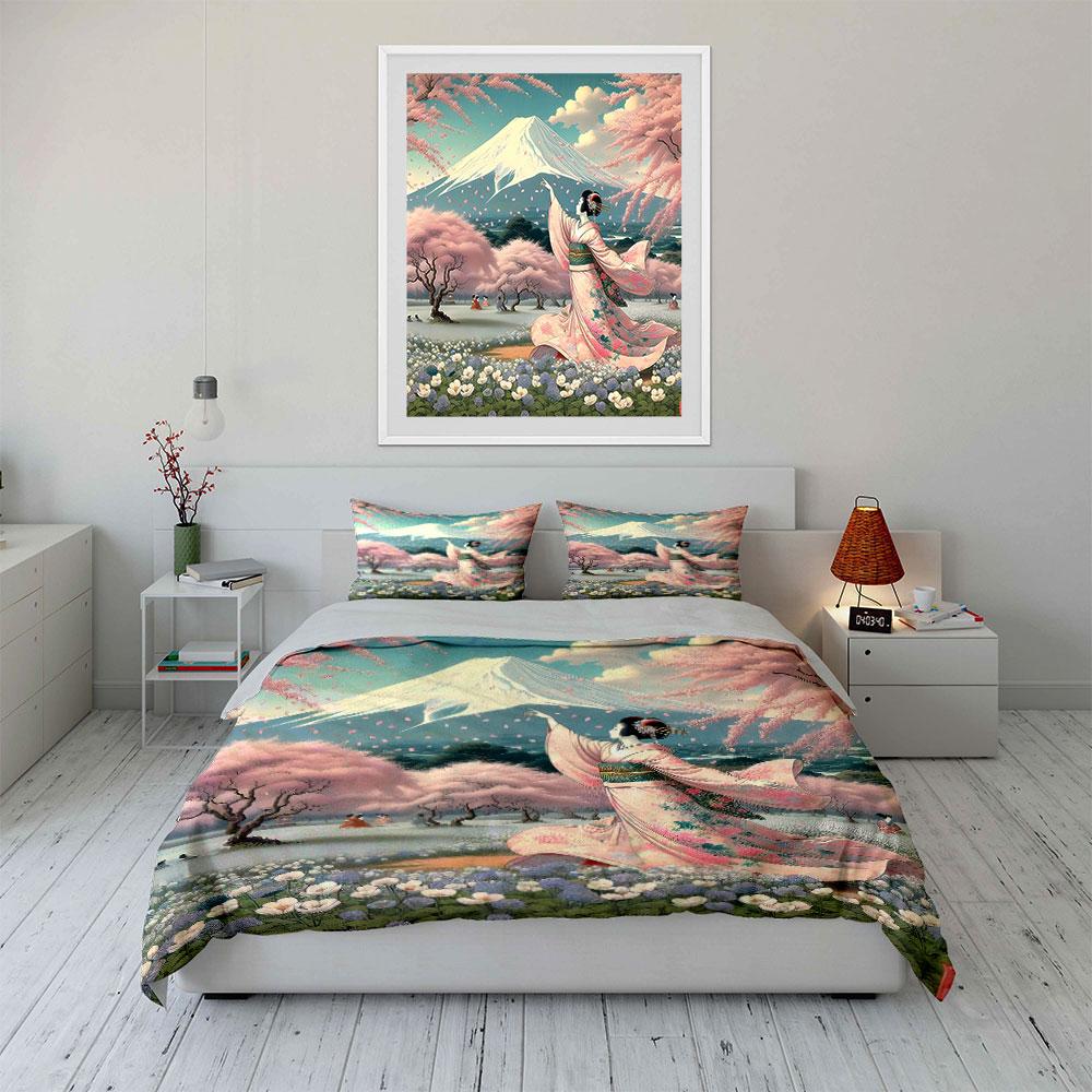 Cherry Blossom Geisha with Mount Fuji Scene Print Bedding Set Duvet Cover Pillowcases (1* Duvet Cover 2* Pillowcases Do Not Include Comforter)