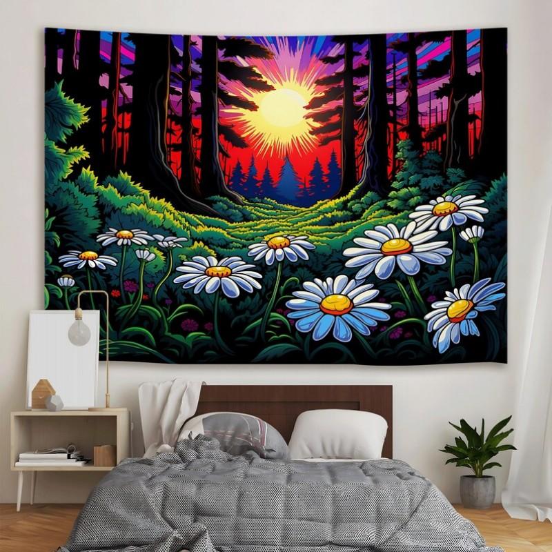 psychedelic sunset flower field tapestry polyester fiber bedroom dormitory wall hanging landscape decoration tapestry 100X70CM