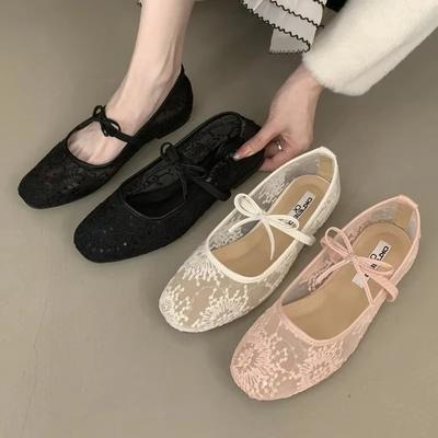 Ballerine in Rete da Donna Ricamo Suola Morbida Fiocco Calzature Moda Femminili Vuote Confortevole Scarpe di Marca di Design