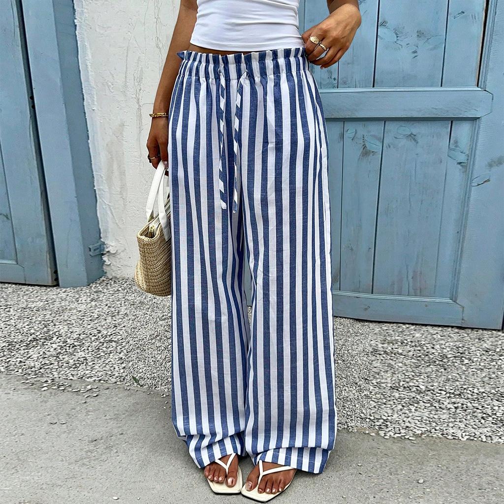 Pantaloni Casual da Donna a Gamba Dritta a Righe, Vestibilità Larga, con Coulisse in Vita per un Comfort Rilassato Quotidiano