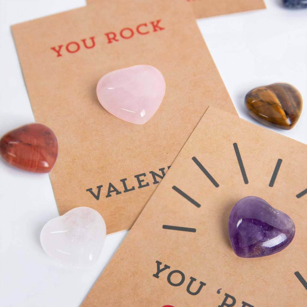 24pcs Valentine Heart Cards with Natural Crystal Stones 8 Different Polished Stones for Classroom Exchange School Activities