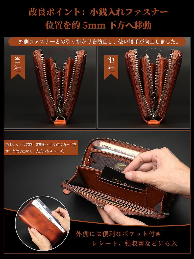 Genuine Leather Round Zipper Long Wallet for RFID Separate Coin Gift Wrapping Available [Mandiva] Men, Compact, Protection, Purse, (Camel)