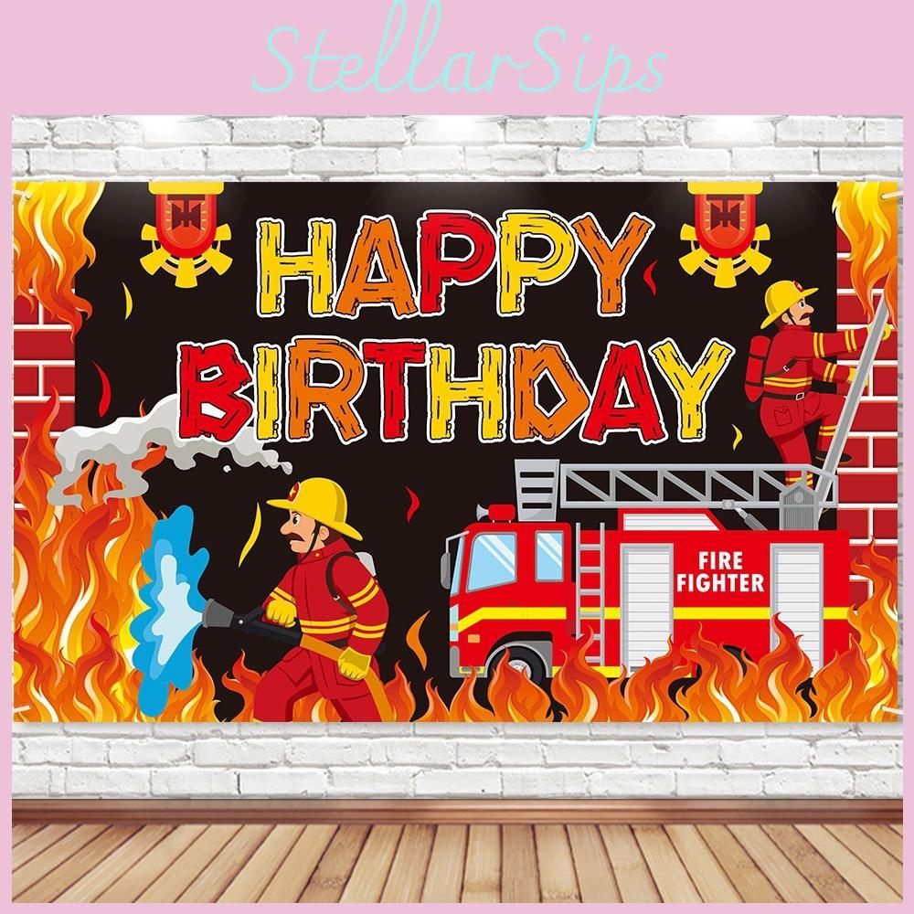 Themed Cartoon Fire Victory Party Decoration Background Banner And Props Photo