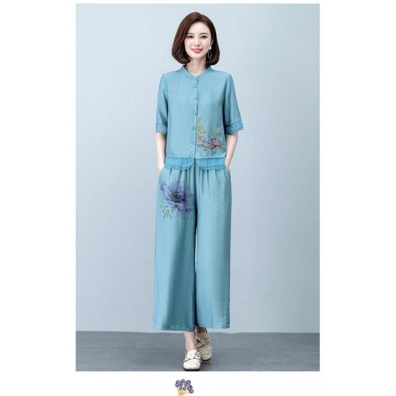 Mom's Summer Loose Short Sleeved Cotton Linen Two Piece Set Middle Aged Elderly Women's