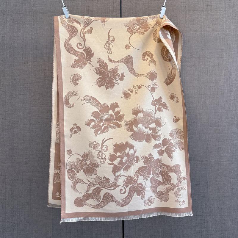 Autumn and winter new peony flower print scarf women's retro contrasting color imitation cashmere thickened warm fringed shawl