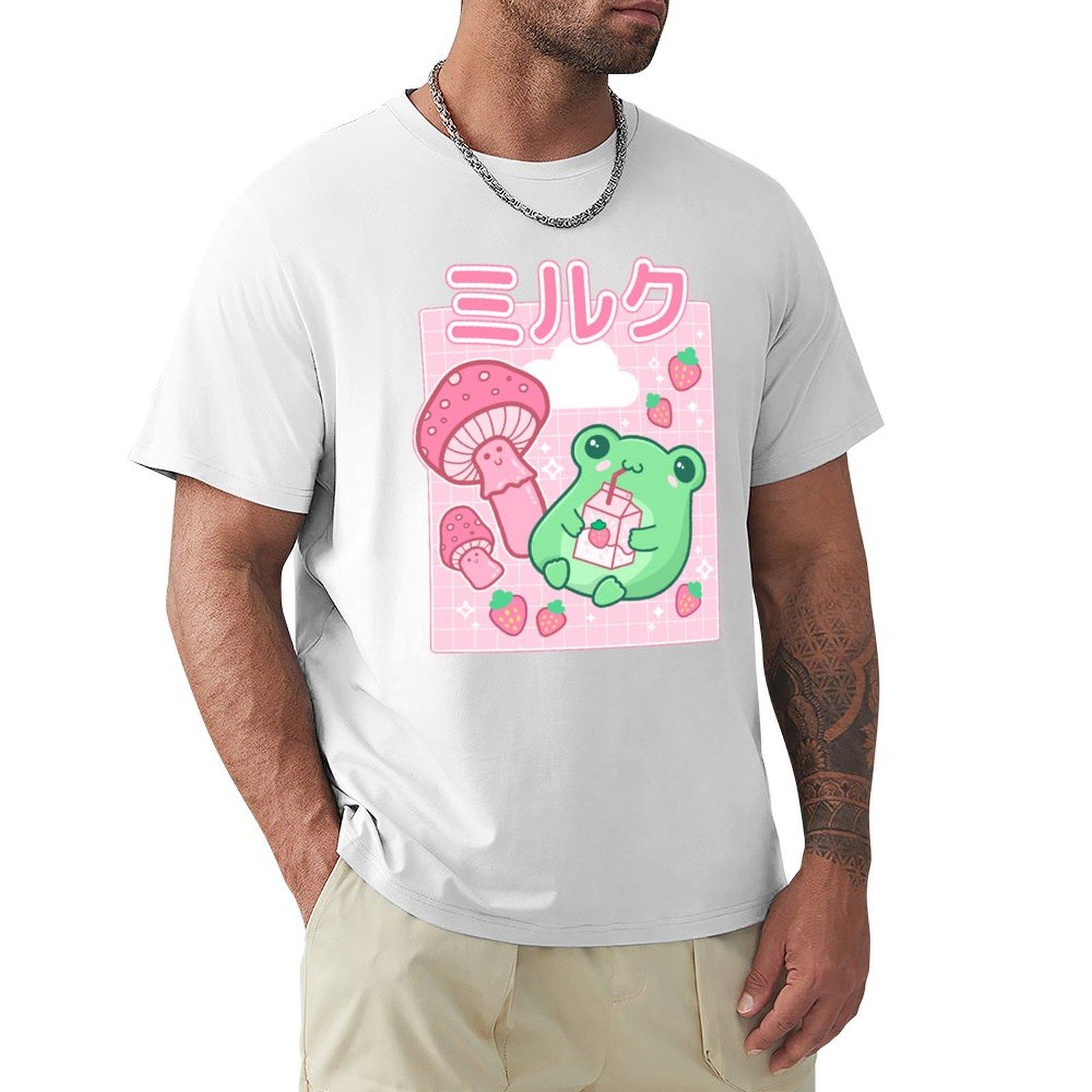 Cute Cottagecore Frog with Strawberries in Retro 90s Kawaii Aesthetic A Japanese Y2K Style Pink Fungi and Bubble Milk F TShirt S