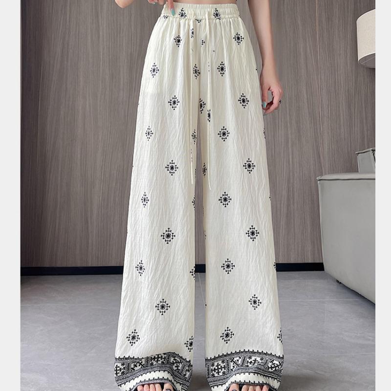 Summer Women Vintage Print Cotton And Linen Thin High Waist Wide Leg Pant Trouser For Girl