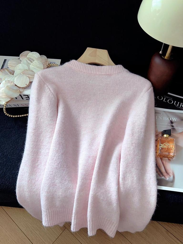Korean Style Colorful Bow Round Neck Loose Knit Cardigan Sweater