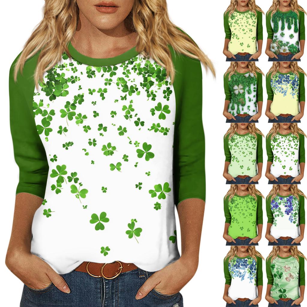 Women's St. Patrick's Day Print Round Neck Three-Quarter Sleeve Top
