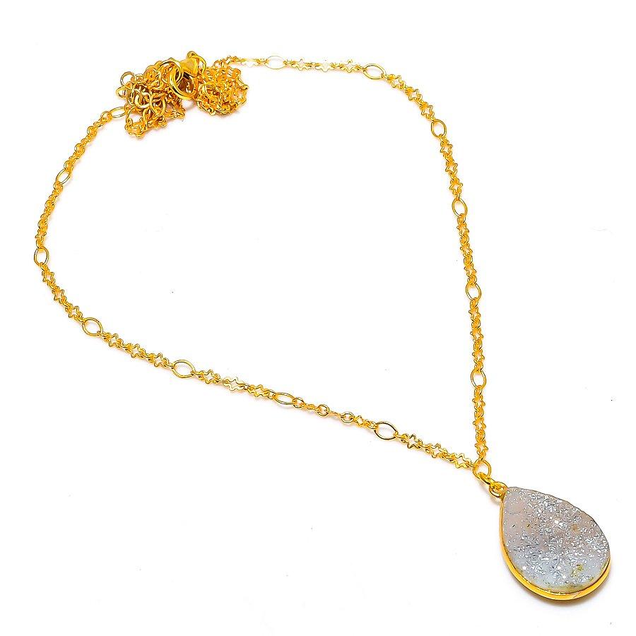 Pyrite Druzy Gemstone Handmade 925 Sterling Silver Jewelry Necklace 20" GK-5018