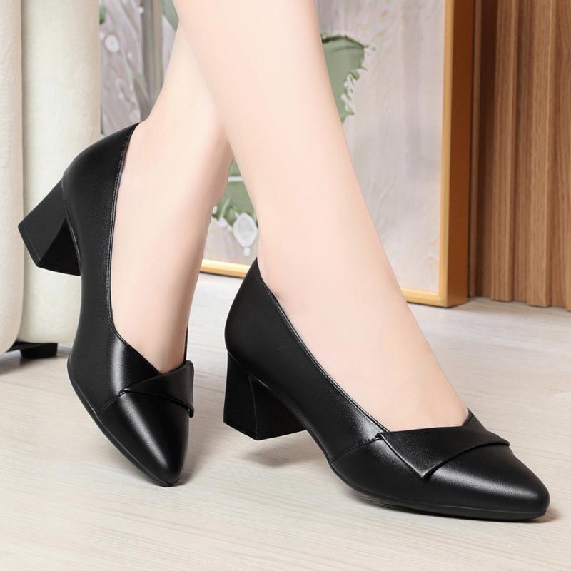 

Spring and Autumn Soft-Soled Comfortable Solid Color Versatile Mid-Heel Women s Leather Shoes Chunky Heel Work Shoes Professional Single Shoes 35 чёрный