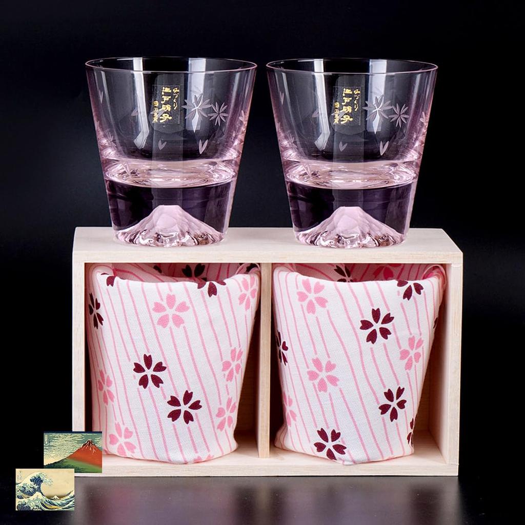 Tajima Glass Fuji Cherry Blossom Rocks Glasses of Souvenir Grand Prix Edo Edo Rocks 60th Overseas Celebration Made in Paulownia Wood Includes Views of