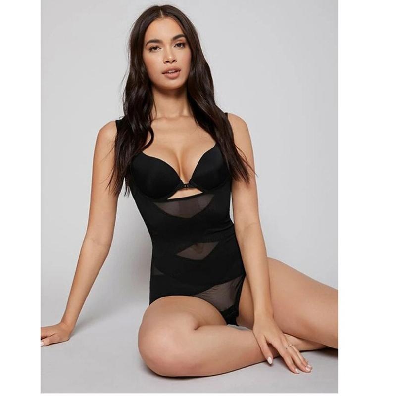 Formender Mesh-Body mit dreieckigem Knopfleisten-Taillenformer, Einteiler, ohne Bügel, formendes Kleidungsstück mit überkreuzter Vorderseite