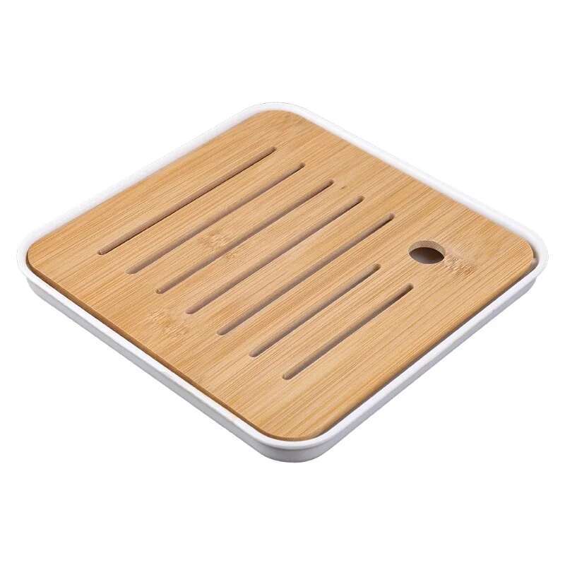 Bamboo Chinese Gongfu Tea Tray Box with Water Storage Drainage Serving Wood Marble Holder Table