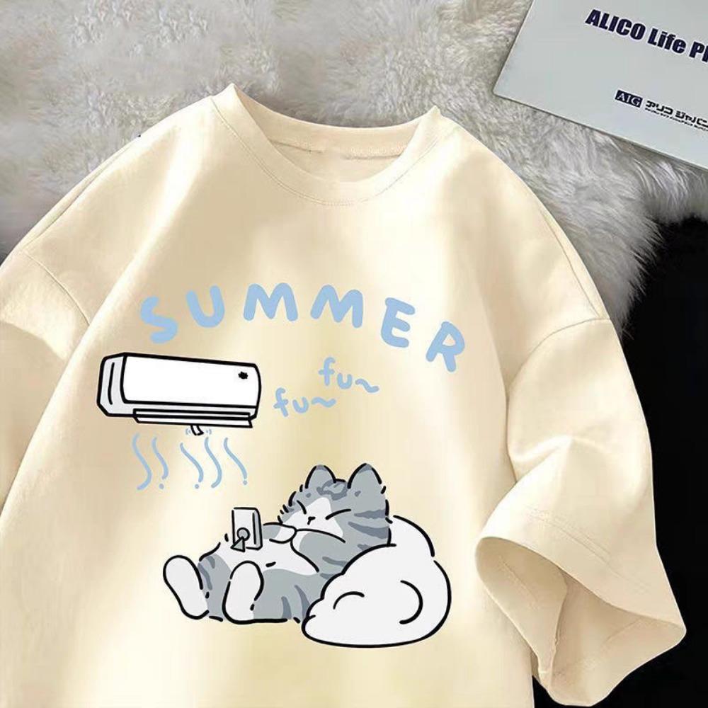 

Summer Japanese Cartoon Cute Cat Funny Printed Short-sleeved T-shirt for Ladies and Boys Same Loose Casual Large-size Top M