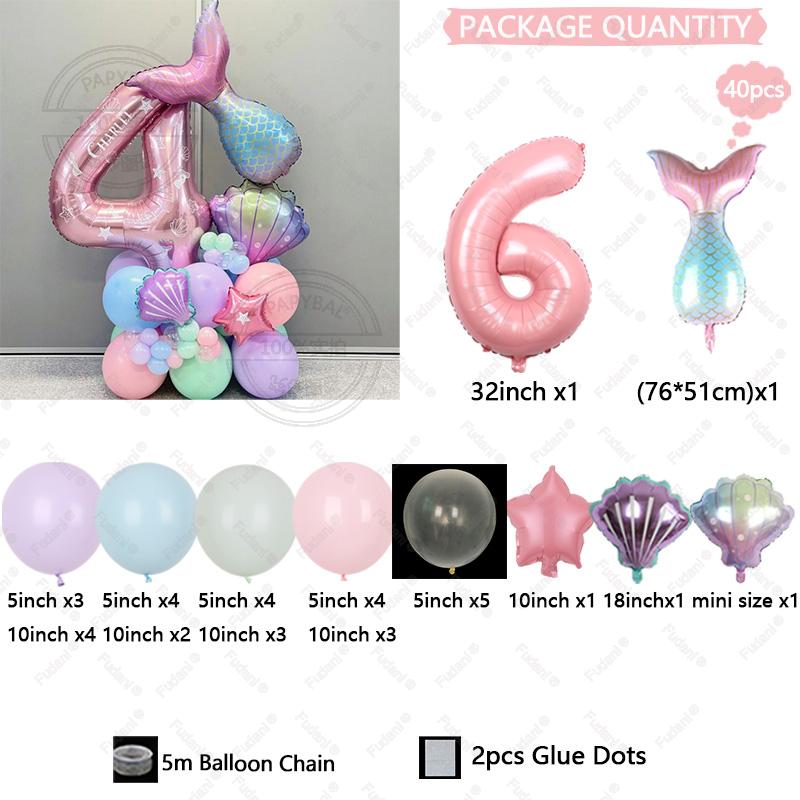 40pcs Gradient Mermaid Tail Shell Balloon 32inch Pink Numbers 1-9 Birthday Balloon Set Ocean Themed Party Decoration Photo Props