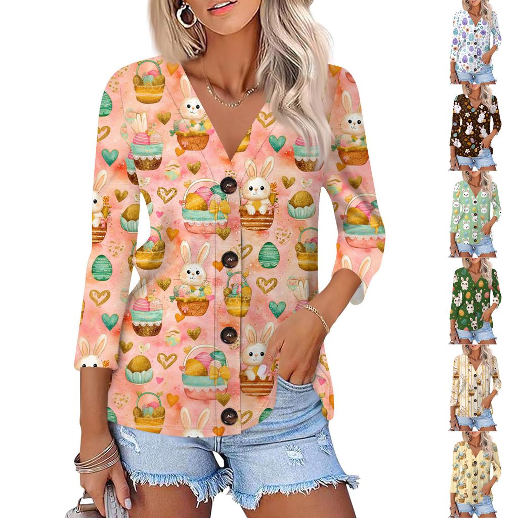 Women's Fashion Casual Print Button-down Shirt 3/4 Sleeve Tops