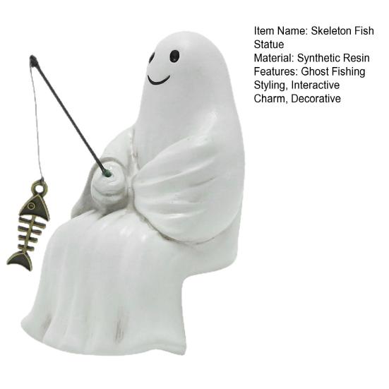 Halloween Sculpture Synthetic Resin Skeleton Fisherman Statue Mini Ghost Fishing Pond Garden Decoration