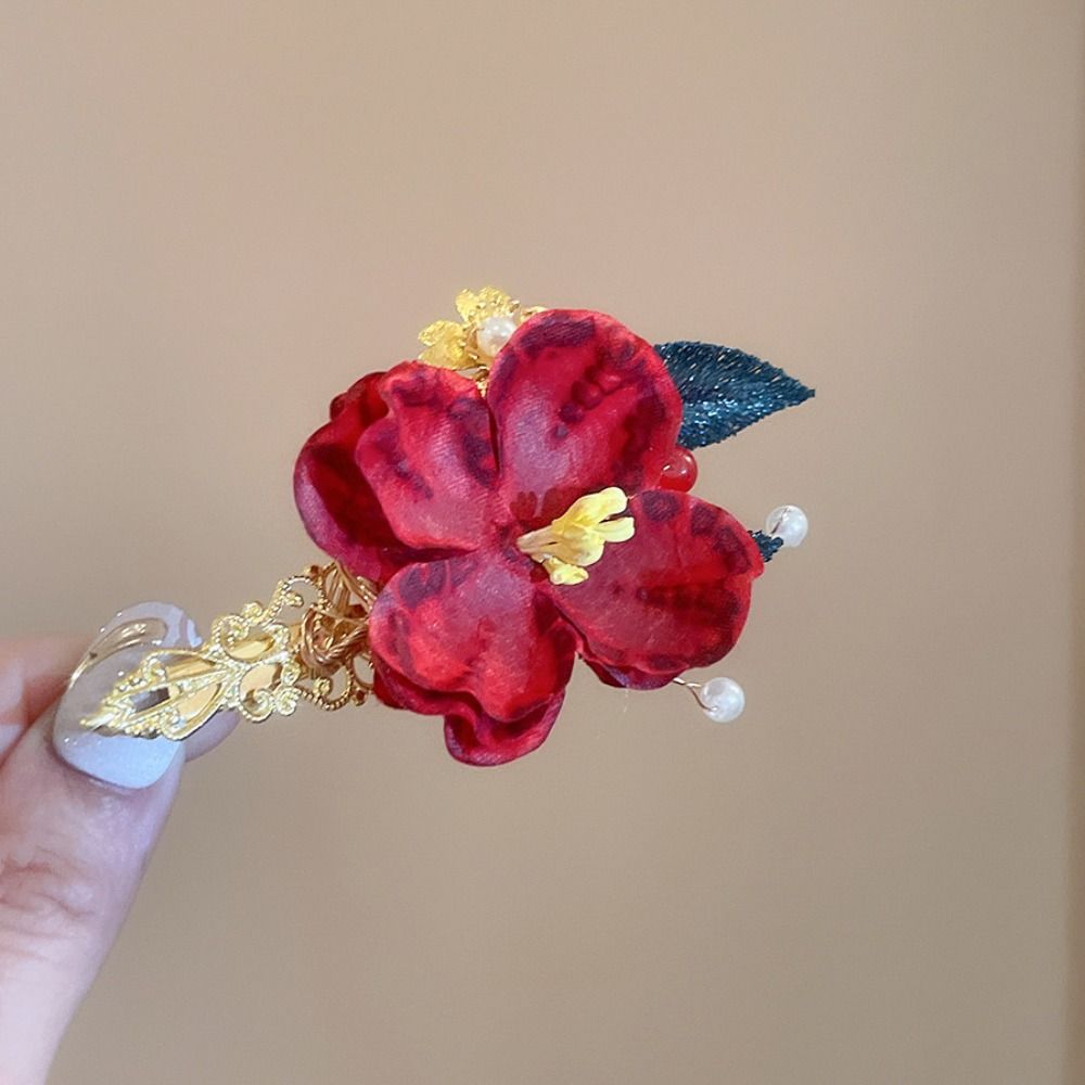 Retro Chinese Style Hair Stick Tassel Pearl Hanfu Hairpin Elegant Red Flower Hair Clip  Girls