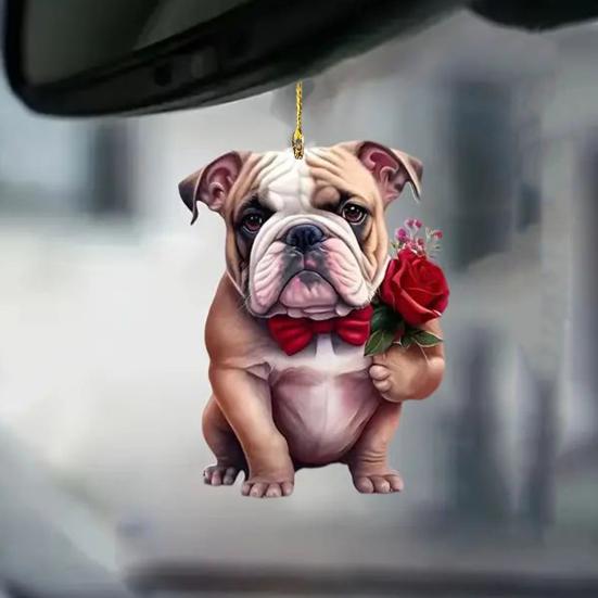 Cute Cat Dog Rose Pendants 2D Acrylic Keychain Novel Pet Themed Charm for Car Mirror Bag Home Festive Decoration