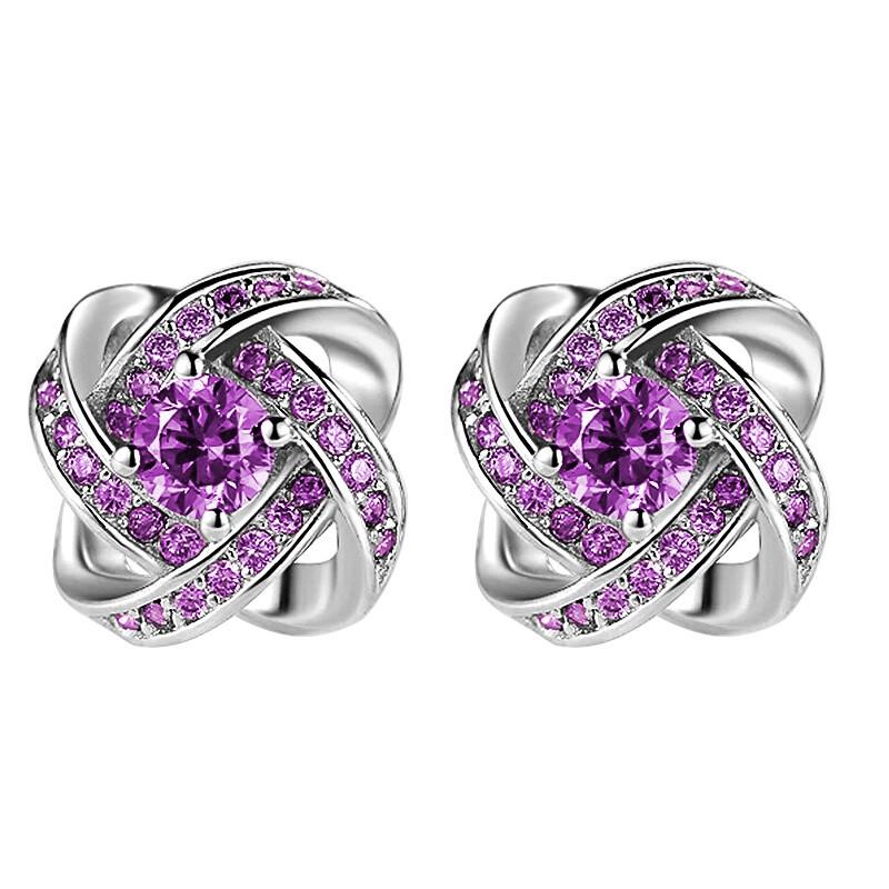 925 Silver Plated Zircon Earrings, Fashionable Rotating Four-Leaf Clover Earrings, Purple Diamond Temperament Ear Jewelry.