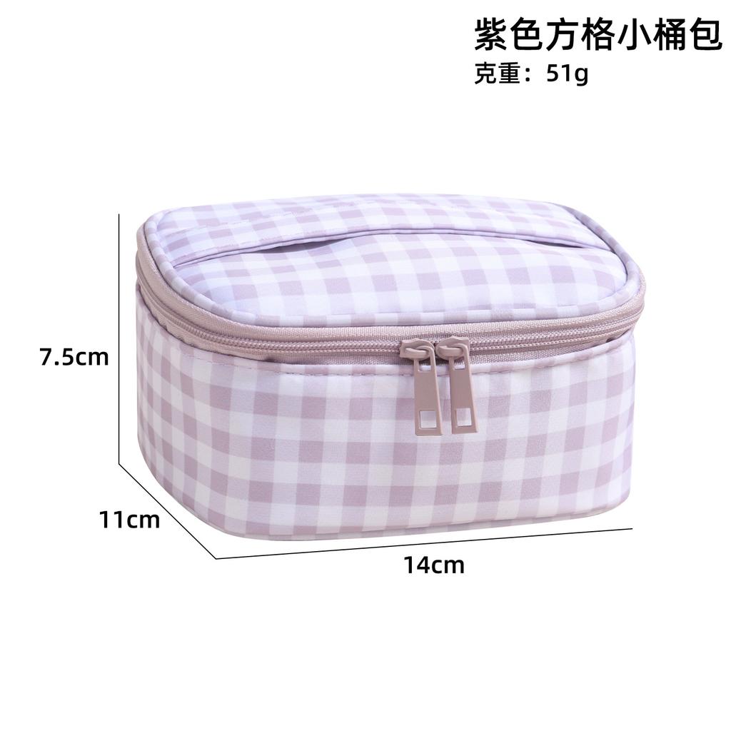 Cute Red Purple Plaid Handbag Zipper Travel Portable Cushion Case & Makeup Pouch Small Large Toiletry Cosmetic Bag for Women