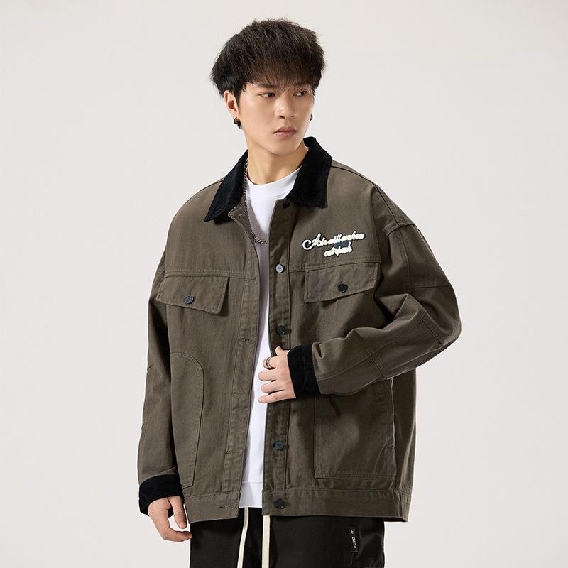 Long Sleeve Splicing Washed Towel Embroidery Design Denim Jacket Men'S American Retro Trend Printing Loose Jacket Men'S