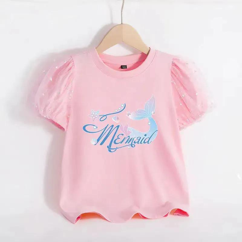 Dívčí tričko s krátkým rukávem léto Dětské s nafouknutým rukávem letní princezna Růžový s polovičním rukávem