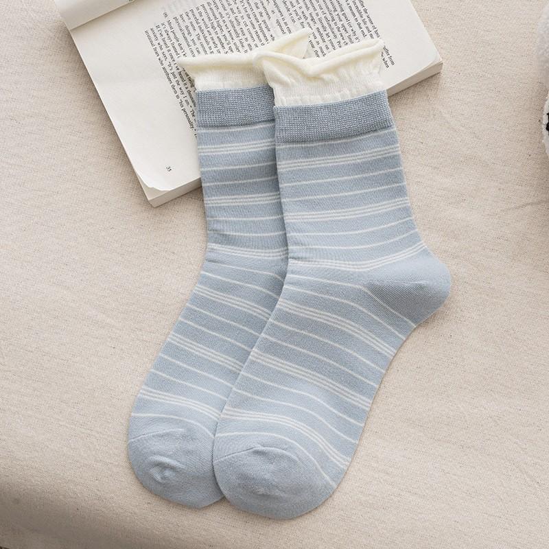 Socks Pure Cotton Boneless Medium Tube Socks Spring And Autumn Thin Hong Kong Style Retro Crimped Striped Cotton Stacking Socks