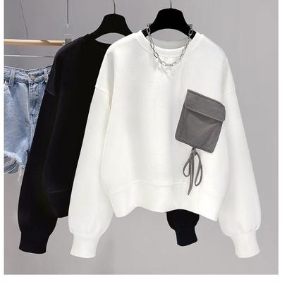 Moletom feminino de manga comprida com gola redonda e bolso, solto e fino, com tops com painéis