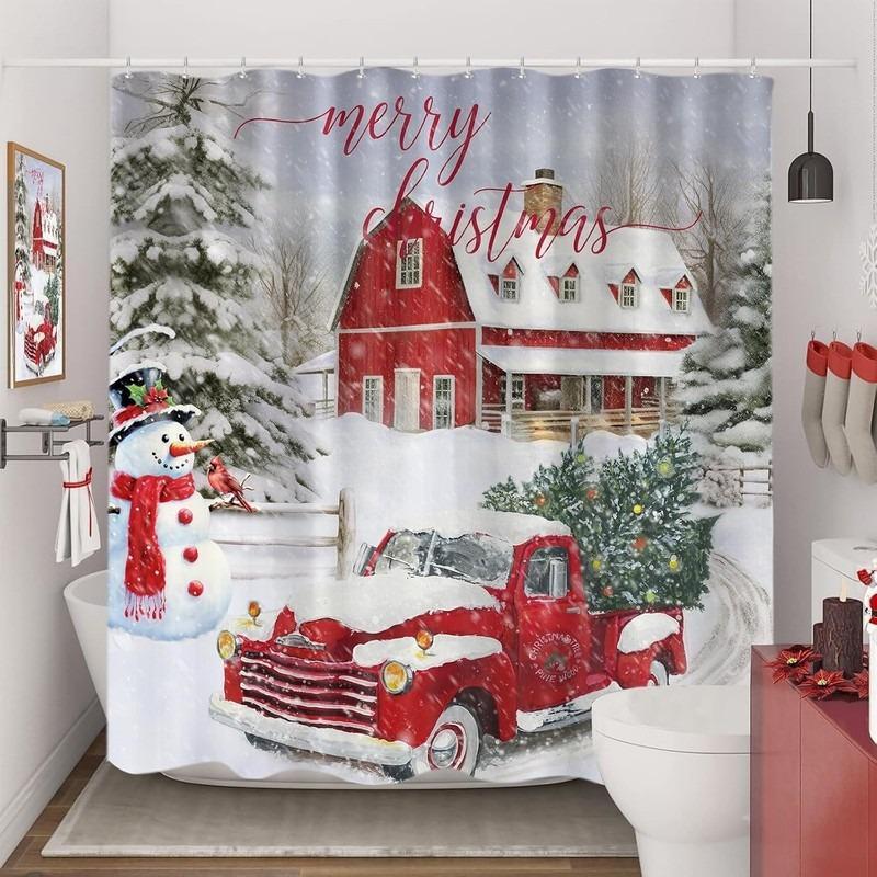 Christmas Red Truck Red House Snowman Cardinal No Drill Shower Curtain 12 Hooks Bathroom Decor Set