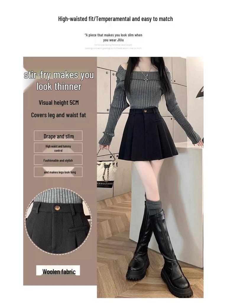 2025 Autumn/Winter Grey Wool Blend High-Waisted Slimming Pleated Skirt