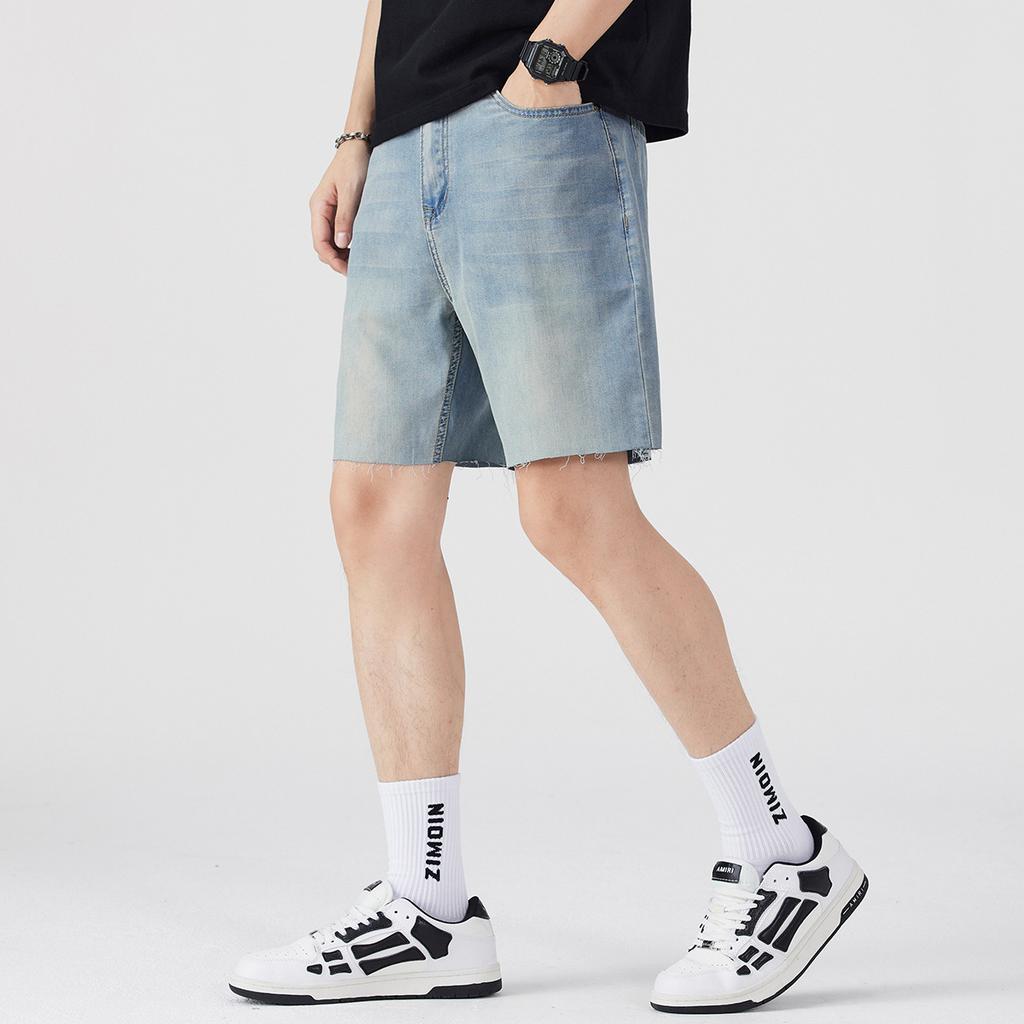 Summer Ultra-thin Tencel Soft Denim Quarter Shorts Men's Loose Straight Casual Elastic Versatile Trendy Shorts